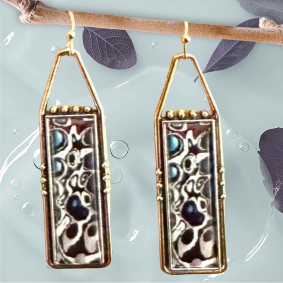 Blue Gray Paua Abalone Shell Spotted Lux Boho Statement Dangle Earrings - Picture 1 of 2